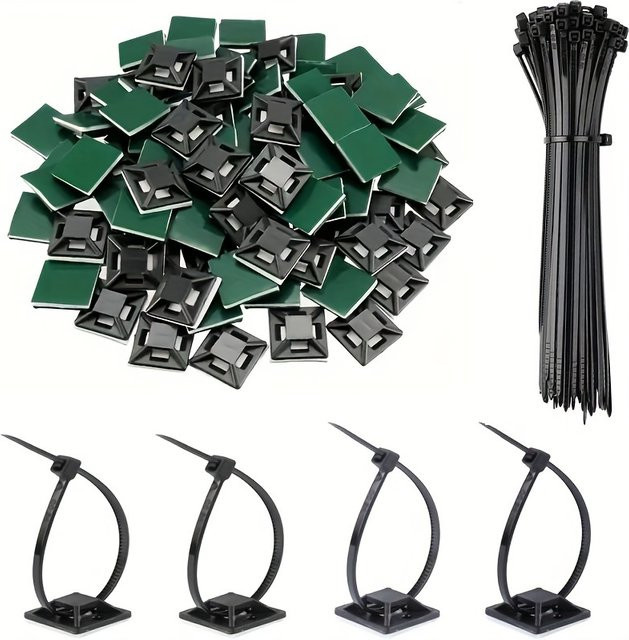 160 Stück selbstklebende Kabelbinderhalterungen in Schwarz als Kabel-Organizer und Management-Clips zur sicheren Kabelfixierung - Bild 1
