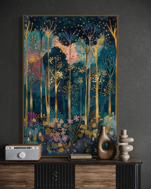 SHENCHEN Wandbild im Art Nouveau Stil: Motivierter herbstlicher Wald als Gemäle-Reproduktion in Mehrfarben - Bild 1