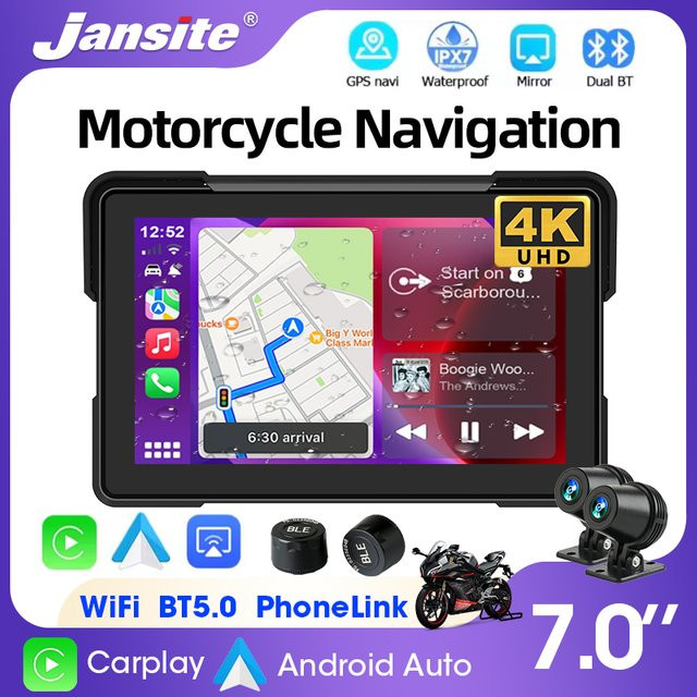 Jansite Motorrad Navigation mit 4K und 1080P Display, Android Auto und Carplay, GPS, wasserdicht nach IPX7, Schwarz - Bild 1