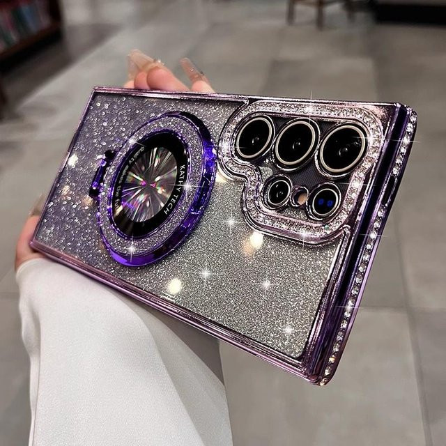 Transparente Glitzer-Diamant Handyhülle mit magnetischer Halterung für Samsung Galaxy S26 S25 S23 S22 Ultra Plus A55 A35 A25 A24 A15 in Violett - Bild 1