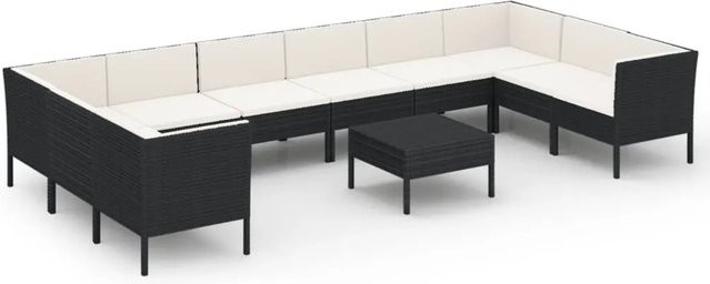 vidaXL 11-tlg. Garten-Lounge-Set in U-Form aus Poly Rattan und pulverbeschichtetem Stahl in Schwarz mit Polstern und Kissen - Bild 1
