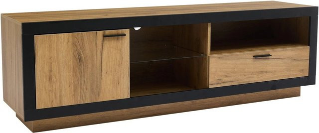 okwish TV Schrank mit LED und Glas Stauraum in Schwarz und Eiche, B/T/H: 180 x 40 x 42 cm - Bild 1
