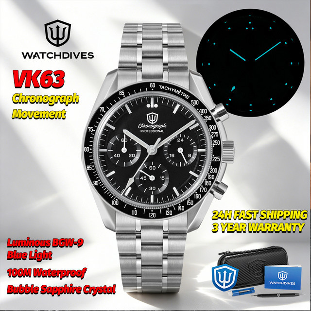 Watchdives Chronograph, Quarz, Edelstahl, Saphirglas, 39 mm, Unisex - Bild 1