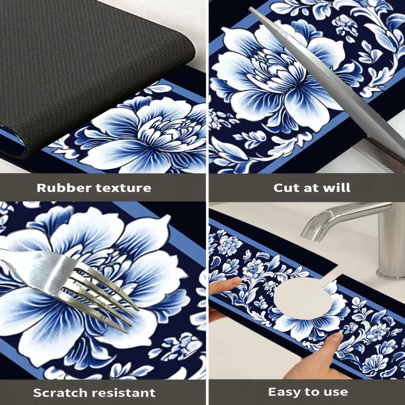 VIKAMA Abtropfmatte im blau-weißen Porzellan-Design, rutschfeste und schnelltrocknende Wasserfangmatte für deine Arbeitsplatte, B/T: 38,0 x 10,0 cm - Bild 6