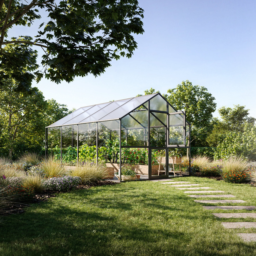 KGT Gewächshaus Ortasia IV in Anthrazit-Grau mit 12,7 m² Fläche, 4 mm ESG-Glas und 10 mm HKP - Bild 2