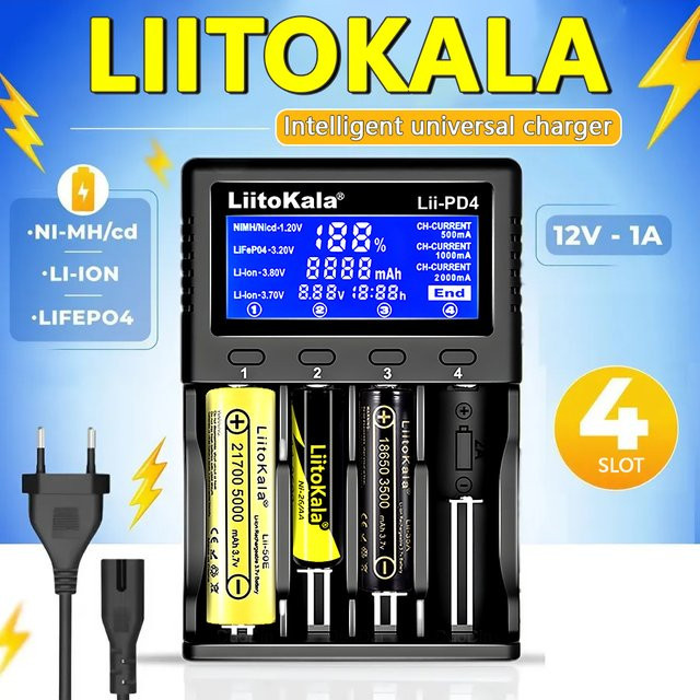 LiitoKala Lii-PD4 AC PD-Ladegerät in Schwarz mit LCD-Display, 4-Bay Schnellladegerät für LiFePO4 3,2V 21700, 18650, AA und AAA mit Mehrfachschutz und automatischer Erkennung - Bild 1