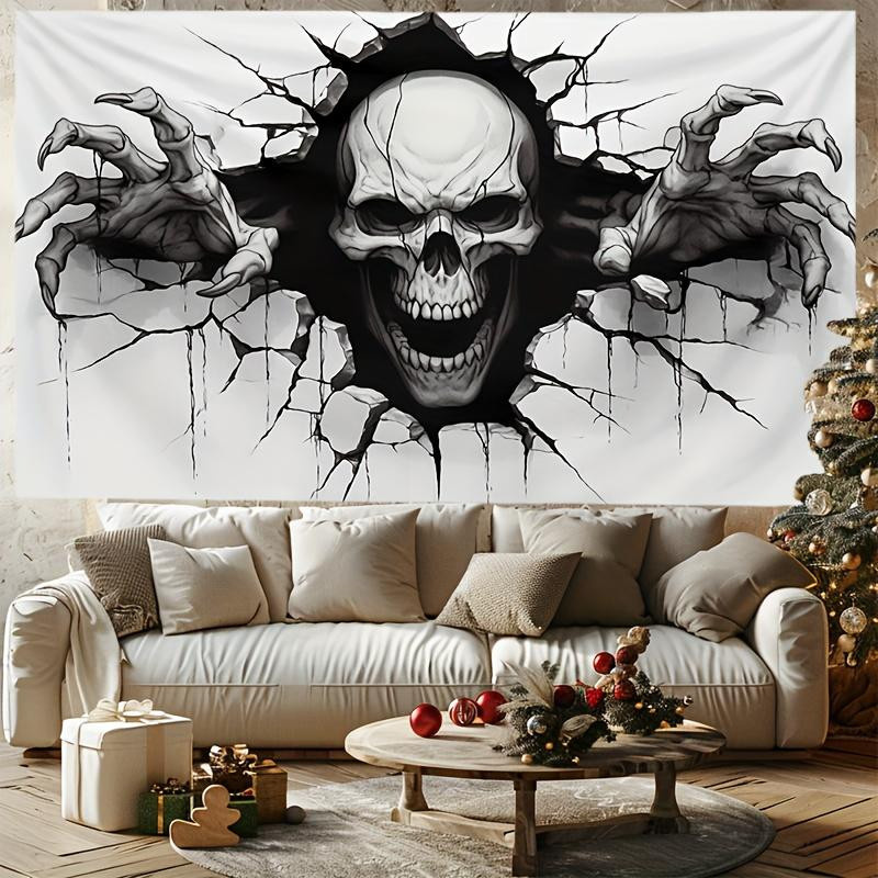 JMG Household Supplies Halloween Totenkopf Wandteppich mit 3D-Riss-Design in Schwarz-Weiß, Breite: 40 cm, Höhe: 60 cm - Bild 3