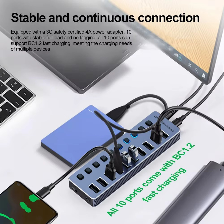 Kebidumei USB 3.0 Hub mit 10/7 Ports und Ein/Aus Schalter, Aluminium USB Splitter Erweiterungsstation in Silber für PC und Laptop inklusive 12 V Netzteil - Bild 4