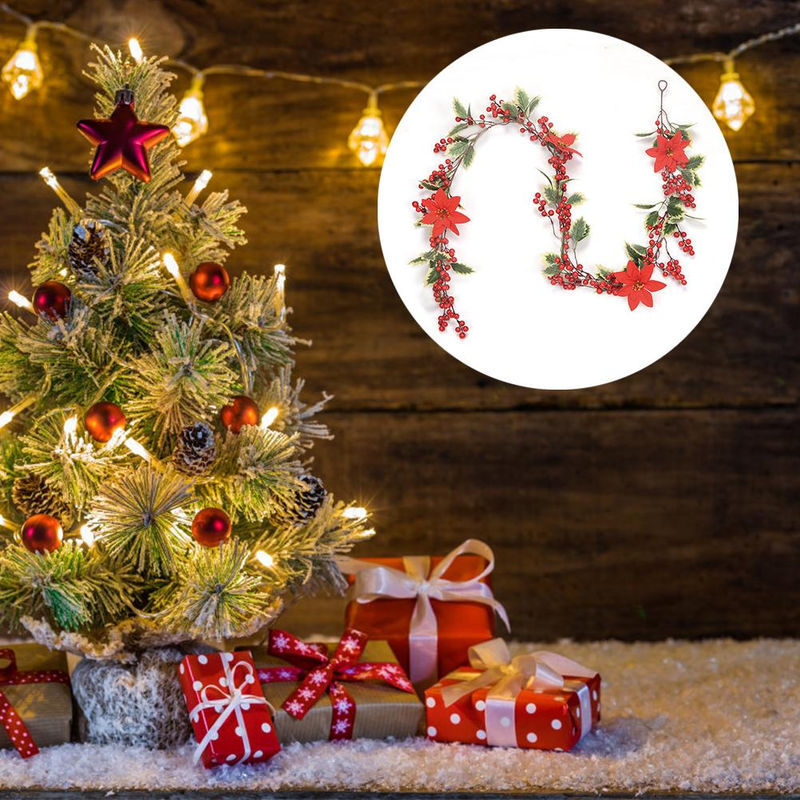 Tooarts Weihnachtliche Stechpalmen-Girlande mit roten Beeren und grünen Blättern aus Kunststoff, 195 cm - Bild 4