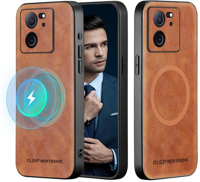 Magnetische Leder-Schutzhülle für Xiaomi 13T und Xiaomi 13T Pro mit Voll-Objektiv-Schutz in Braun - Bild 1