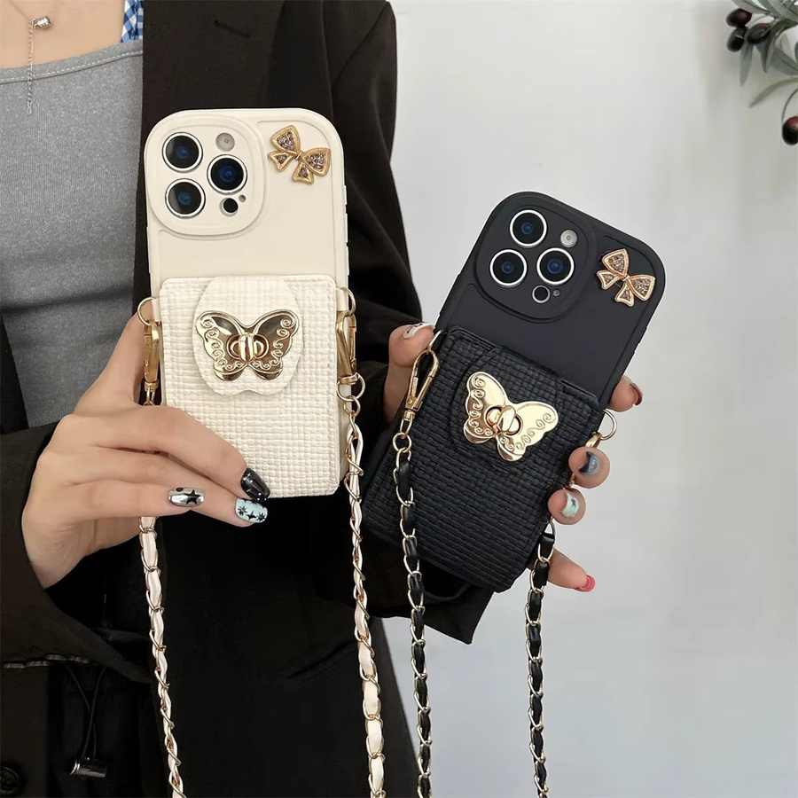 Umhängetasche mit Cartoon-Schmetterling als Handyhülle und Kartentasche für iPhone 16E 17 Air 16 Plus 15 14 13 12 11 Pro Max XS in Weiß - Bild 1