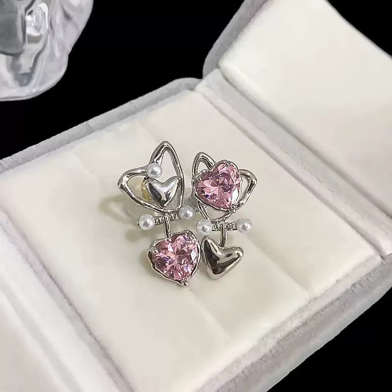 Yerik Ohrstecker, Rosa Herz-Zirkonia, Perle, Silber, Damen, Vintage - Bild 3