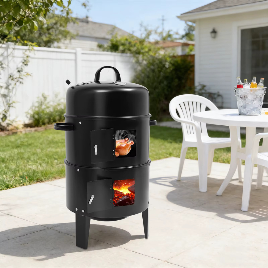 Bymaocar 3-in-1 Multifunktionaler BBQ Grill Smoker Holzkohlegrill in Schwarz für Outdoor-Kochen, Räuchern und Camping - Bild 1