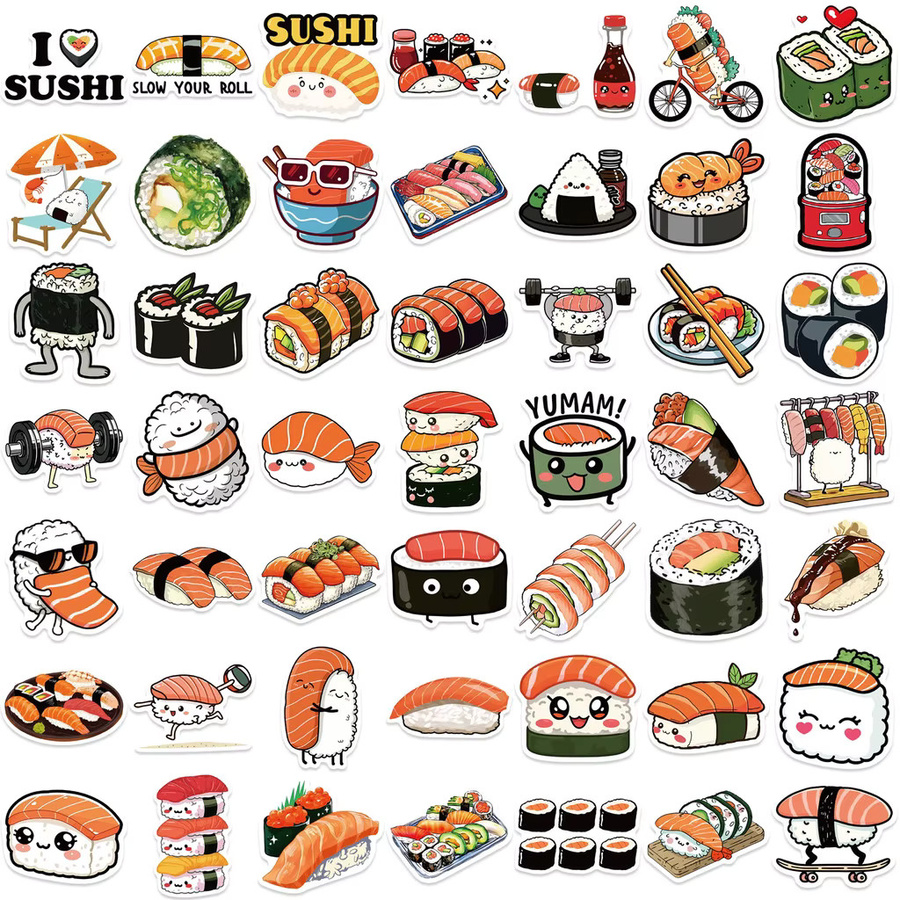 50 Stück Cartoon Lachs Sushi Graffiti Aufkleber in Multicolour für Fahrrad, Notizbücher und Federmäppchen - Bild 4