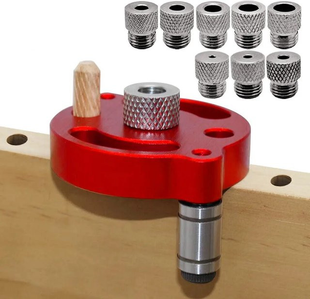 GDART Selbstzentrierendes Dübel-Bohrvorrichtungs-Set aus Aluminium mit 8 Stahlbuchsen für die Holzbearbeitung in Schwarz und Rot - Bild 1
