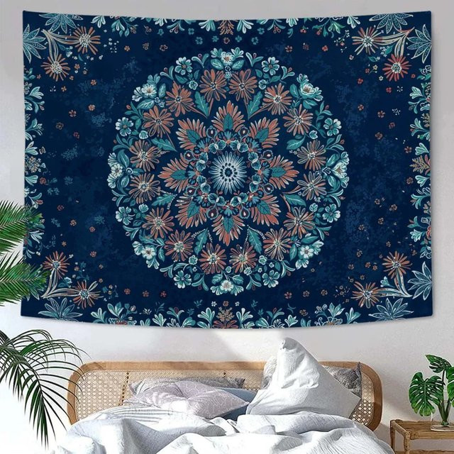VIKAMA Wandteppich Mandala Blumen Boho Wandbehang Marineblau B: 90 cm, H: 60 cm - Bild 1
