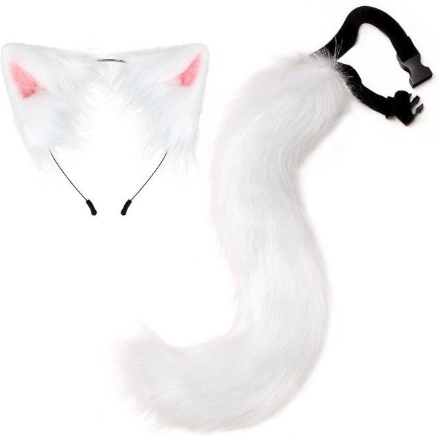Yiran toy Katzenohren und Plüsch-Katzenschwanz, Halloween Cosplay Zubehör, Mehrfarbig, Weiß - Bild 1