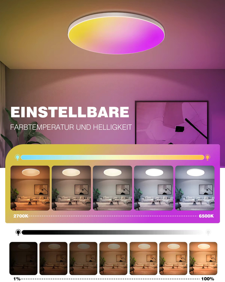 Oraymin RGB LED-Deckenleuchte mit Fernbedienung und App-Steuerung, dimmbar, 24W, Multicolour, Durchmesser: 30 cm - Bild 3