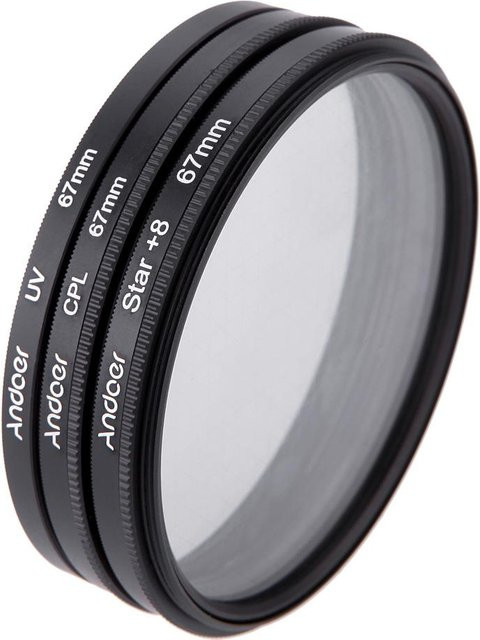 Andoer 67 mm Filterset mit UV-, CPL- und 8-Punkt-Sternfilter inklusive Tasche für Canon, Nikon und Sony DSLR in Grau - Bild 1