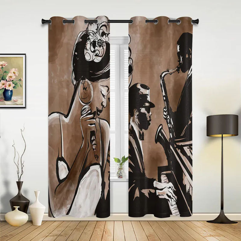 Retro Fenstervorhang mit Sängerin und Klavier Motiv in Grau von Super Six, Breite: 135 cm, Höhe: 60 cm - Bild 4