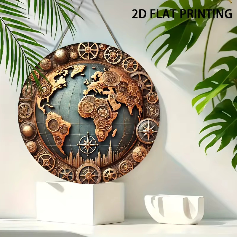 Steampunk-Weltkarte Wanddekoration Potdemiel aus Holz, rund, Durchmesser: 20,32 cm - Bild 2