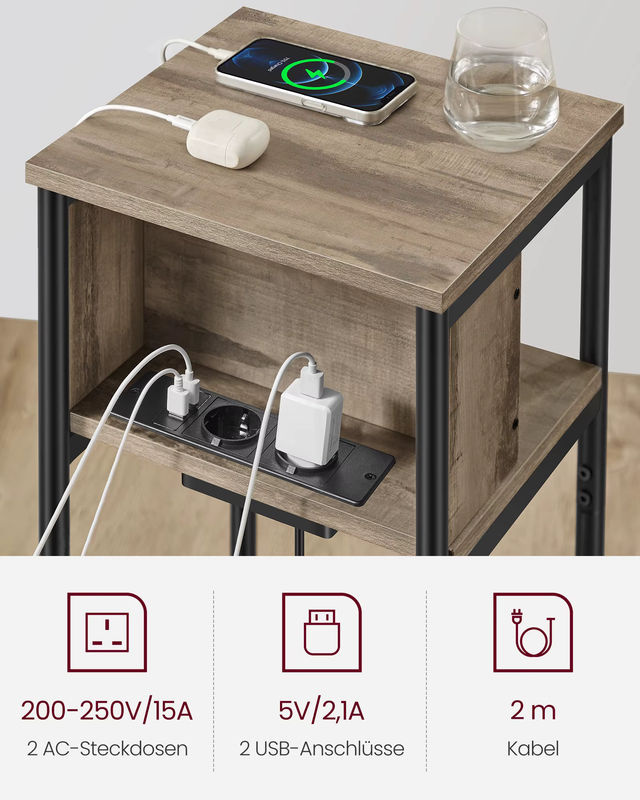 VASAGLE Beistelltisch mit Steckdose und USB-Anschlüssen im Industrial Design, Schwarz-Braun, B/T/H: 30 x 34 x 58 cm - Bild 4