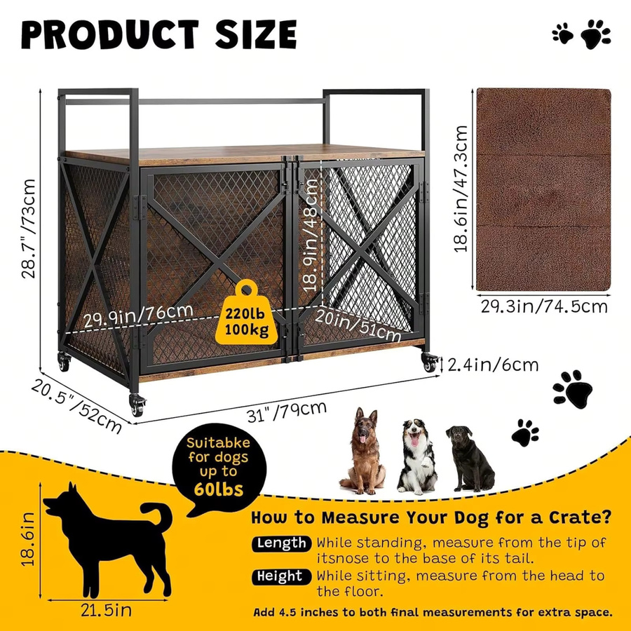 HiMISS Hundekäfig aus Holz im Möbelstil als Beistelltisch und Hundehütte in Braun mit Rollen - Bild 4