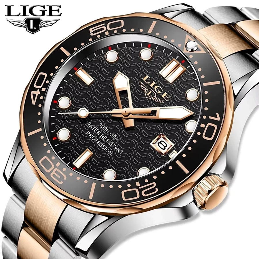 LIGE Armbanduhr, Quarz, Leder, Edelstahl, Schwarz, Herren - Bild 6