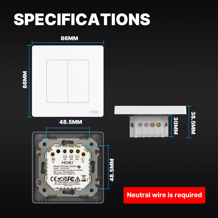 MOES Star Ring Series ZigBee Smart-Dimmerschalter in Weiß zur Lichtsteuerung via Smart Life App, kompatibel mit Alexa und Google Home, 1-3 Gang - Bild 6