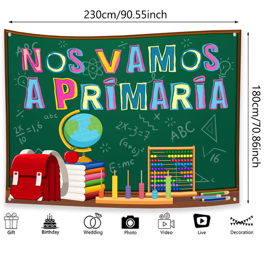 AFYPRTY Hintergrundbanner NOS VAMOS A PRIMARIA in Tafeloptik mit bunten Schullelementen aus Polyestergewebe, Mehrfarbig - Bild 3