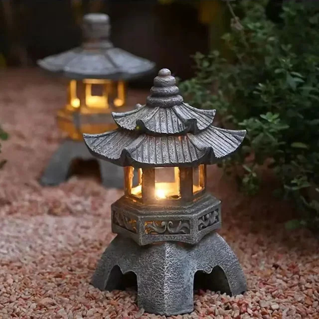 Solarbetriebene Zen Garten Statue als chinesische Pagoden Laterne aus Steinoptik für deinen Hof - Bild 1