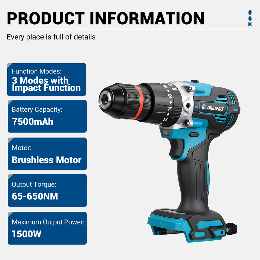 Drillpro Bürstenloser elektrischer Schlagbohrer in Blau mit 650 Nm und 13 mm Bohrfutter, kompatibel mit Makita LXT Akkus - Bild 3
