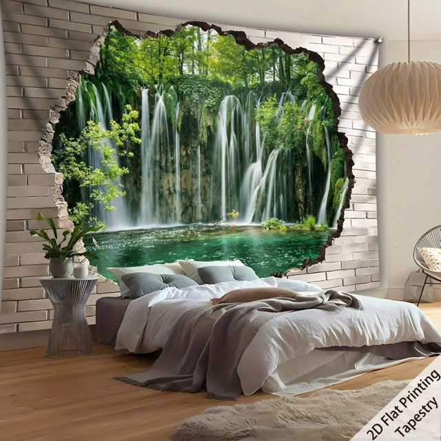VIKAMA Wandteppich mit Wasserfall- und Waldmotiv in Multicolour, Rechteckig, Breite: 60 cm, Höhe: 40 cm - Bild 1