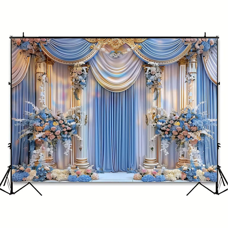 VIKAMA Hochzeits-Hintergrunddekoration aus Textil mit floralem Design in Mehrfarbig und Blau, B/H: 300 x 150 cm - Bild 4