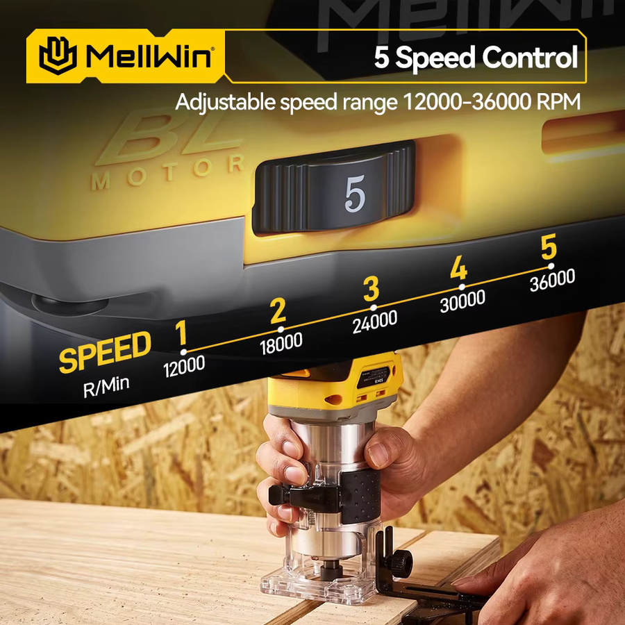 MELLWIN Bürstenloser Holzfräser mit 5 Geschwindigkeiten, kabelloser elektrischer Trimmer-Fräser für Holzbearbeitung, Gravur und Nutenfräsen, kompatibel mit Makita 18V Akku - Bild 4