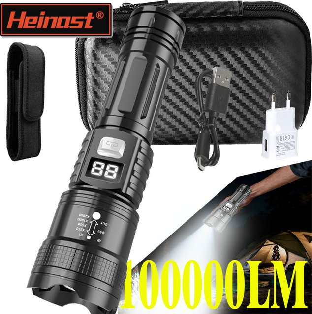 Heinast LED Taschenlampe Schwarz Wiederaufladbar Taktisches Licht mit Zoom für Camping und Angeln - Bild 1