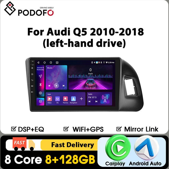 Podofo Carplay Autoradio für Audi Q5 Linkslenker 2010-2018 mit Android Auto, GPS-Navigation, KI-Sprachsteuerung, WIFI, 4G, FM RDS und Mirrorlink in Schwarz - Bild 1