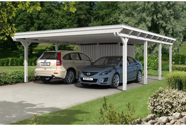 Skan Holz Doppelcarport Emsland aus Leimholz Fichte in Weiß mit Aluminium-Dachplatten und flacher Dachform, B/T: 613 x 846 cm, Höhe: 248 cm - Bild 1