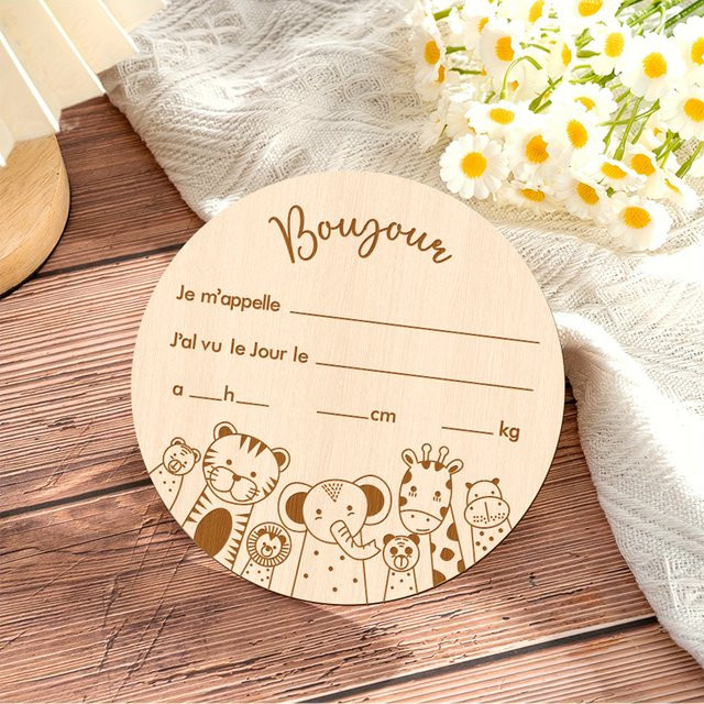 YOMDID Rundes französisches Namensschild aus Holz mit Tierdesign in Braun als dekorative Fotokabinen-Requisite - Bild 1