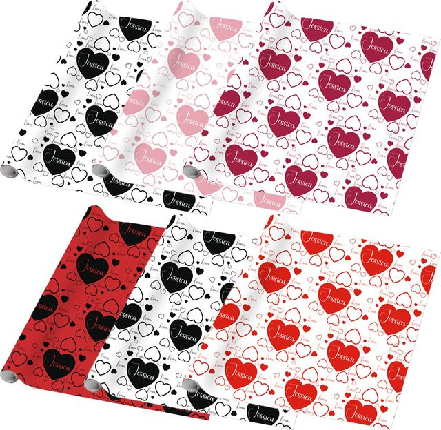 Joy-enlife Geschenkpapier mit individuellem Namen und Herzmuster für Valentinstag und Hochzeiten in Rosa, Schwarz und Rot (3 oder 6 Stück) - Bild 1