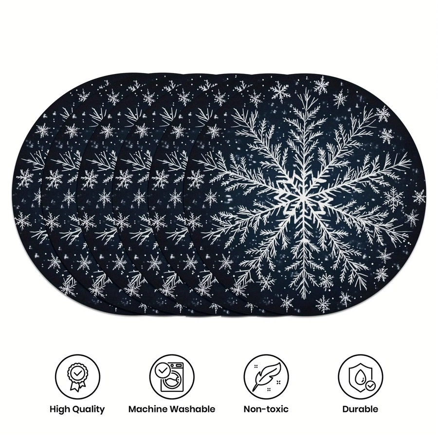 VIKAMA 6-teiliges Set Weihnachts-Tischsets aus Leinen mit Schneeflocken-Design, Blau, Rund, Durchmesser: 38 cm - Bild 4