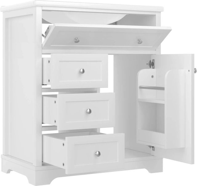 PXloue Waschtisch Waschbeckenunterschrank Weiß mit Keramikbecken und 4 Schubladen, B/T/H: 76 x 46 x 87 cm - Bild 1