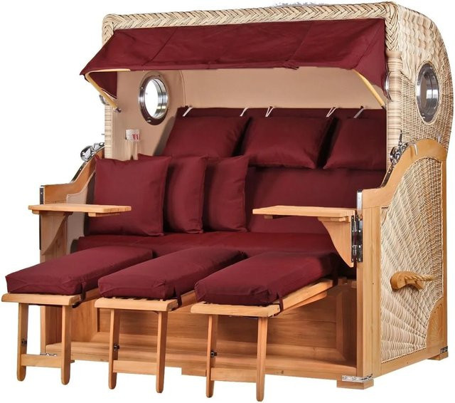 bene,iving Strandkorb Komplettset Königssee 3 Sitzer aus Teakholz mit PE Shell Modell 550, Braun, inkl. Liftersystem, Schutzhülle, Doppelrollen und Glasbecherhalter - Bild 1