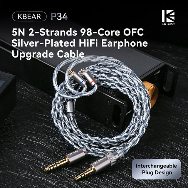 KBEAR P34 2-poliges IEM-Kopfhörerkabel aus versilbertem OFC mit austauschbarem Steckerdesign in Silber und Blau für In-Ear-Monitore - Bild 1