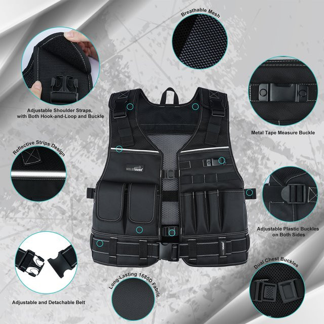 Meloworkgear Werkzeugweste für Herren in Schwarz mit Taschen und Gürtel für Elektriker und Zimmerleute - Bild 1