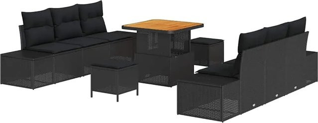 vidaXL 9-teiliges Garten-Sofaset aus Polyrattan und Akazienholz in Schwarz mit Kissen - Bild 1