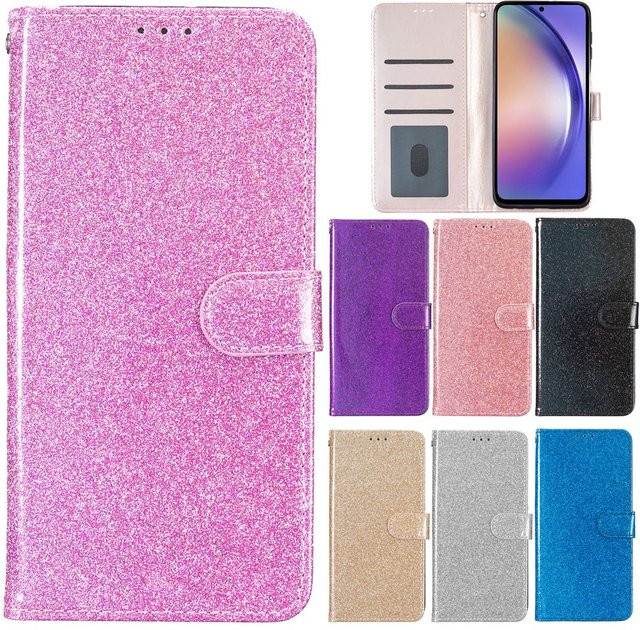 Glitzer-Lederhülle für Samsung Galaxy S26 Edge S25 Ultra A57 A37 A56 A07 A17 A36 A26 A16 A55 A35 A25 A15 Flip in Pink - Bild 1