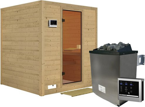 Karibu Sauna Sindi aus Fichtenholz in Beige inklusive 9 kW Saunaofen mit externer Steuerung für 4 Personen, B/T/H: 209 x 184 x 193 cm - Bild 1