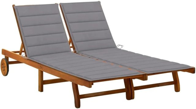 vidaXL 2-Personen-Sonnenliege aus Akazie Massivholz mit grauen Auflagen und Rollen - Bild 1