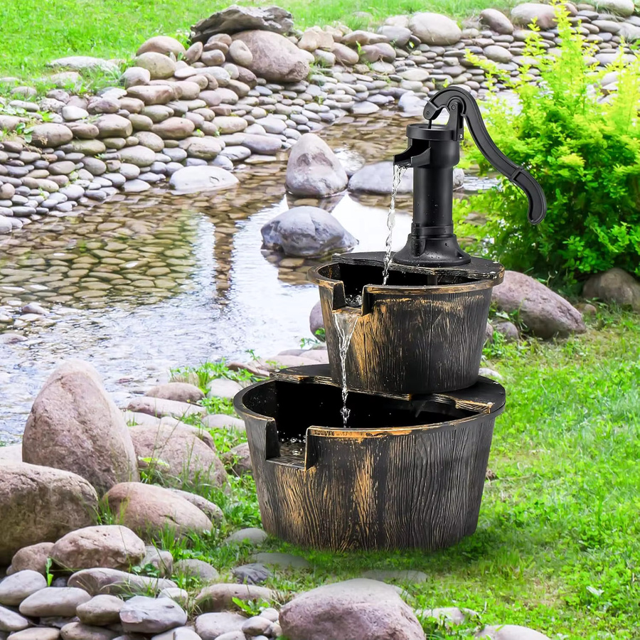 GOFLAME Holzfass Brunnen mit Pumpe für Garten und Terrasse in Braun - Bild 3